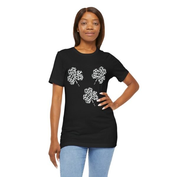Black and White Three Leaves Clover Design Tee Shirt - Image 2