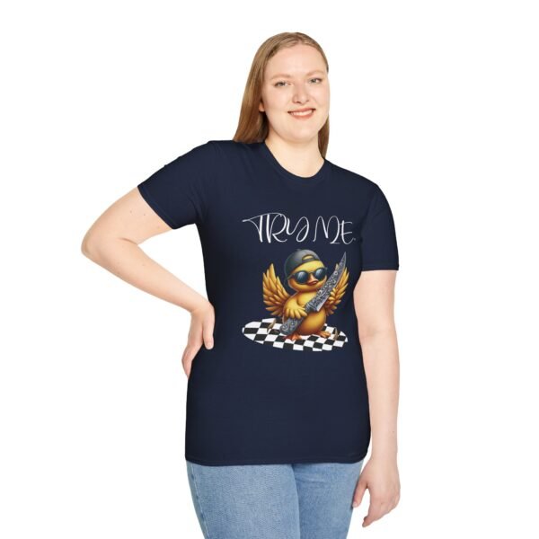Try Me Duck With Sunglasses and Knife Print Unisex T Shirt - Image 2